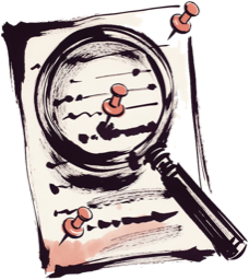 Vergrootglas over een document waarin punaises risico's markeren
