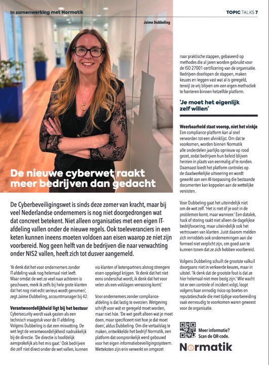 Artikel ‘De nieuwe cyberwet raakt meer bedrijven dan gedacht’ in Topic Talks, bijlage bij EW Magazine