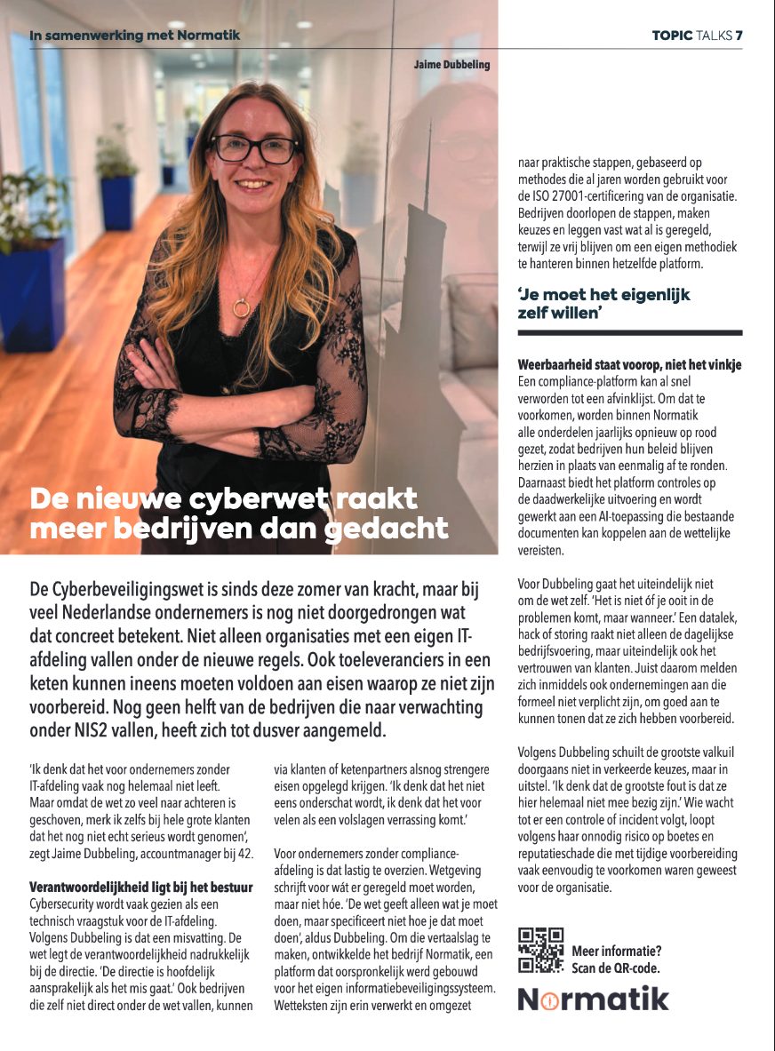 Artikel ‘De nieuwe cyberwet raakt meer bedrijven dan gedacht’ in Topic Talks, bijlage bij EW Magazine